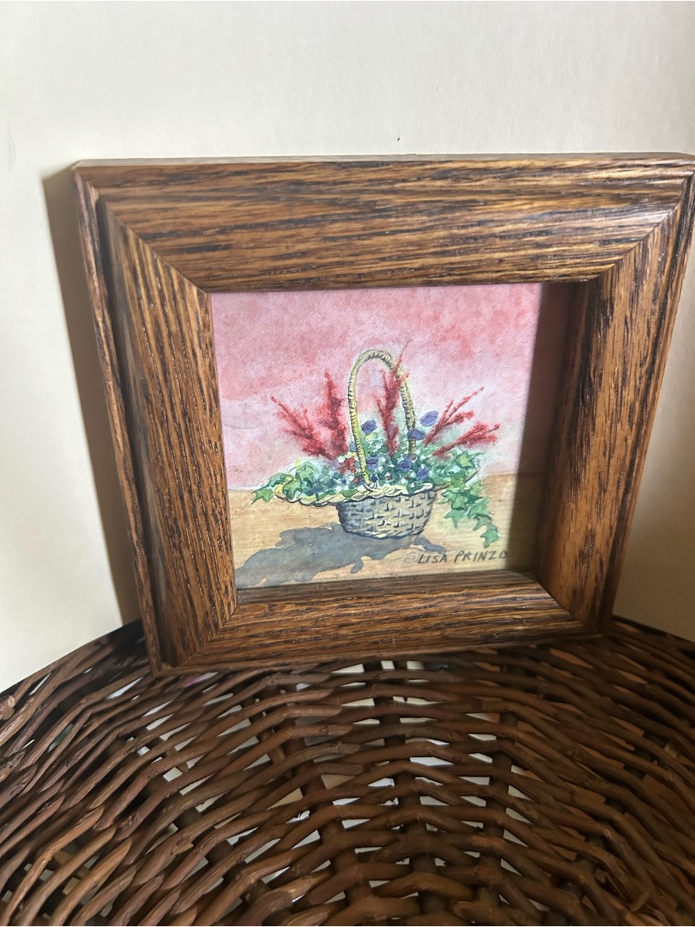 Signed Framed Floral Basket Watercolor - 4.5”x 4.5” by Lisa Prinzo